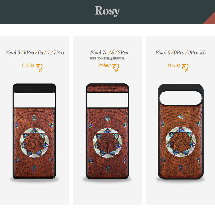 The Sacred Seals, Hand-Inlaid Wood & Mother of Pearl Case - Artisanal Cover for Google Pixel