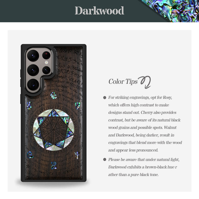 The Sacred Seals, Hand-Inlaid Wood & Mother of Pearl Case - Artisanal Cover for Samsung Galaxy