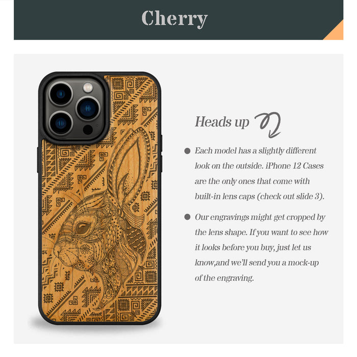 Zentangle Rabbit Amidst Geometry, Classic Engraved Wood & TPU Case - Artisanal Cover for Apple iPhone