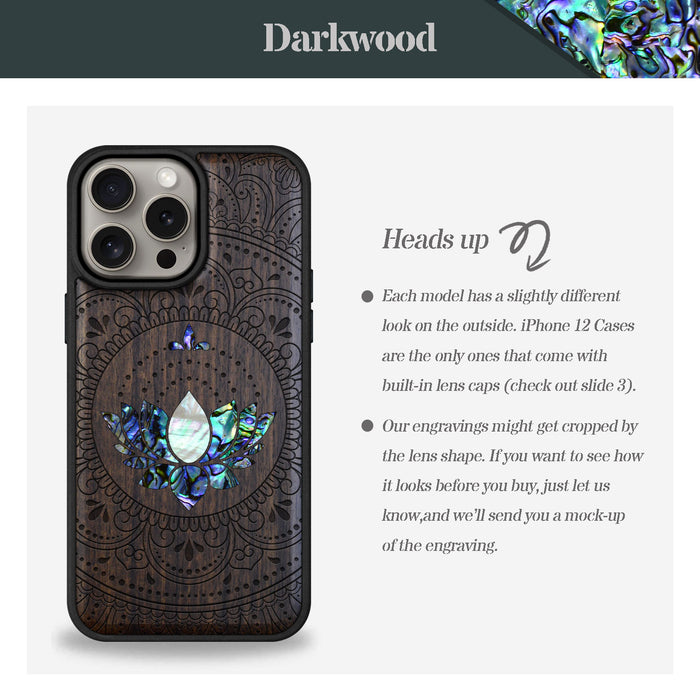 Lotus Mandala Essence, Hand-Inlaid Wood & Mother of Pearl Case - Artisanal Cover for Apple iPhone