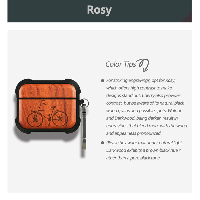 Classic Bicycle Silhouette - Wood Artisan Engraved & Shell Hand-Inlaid Cover - Artisanal Case for Apple AirPods (Titanium Quick Released Clasp)