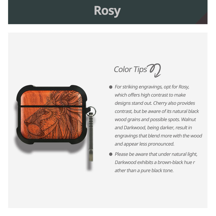 Lion Majesty - Wood Artisan Engraved & Shell Hand-Inlaid Cover - Artisanal Case for Apple AirPods (Titanium Quick Released Clasp)