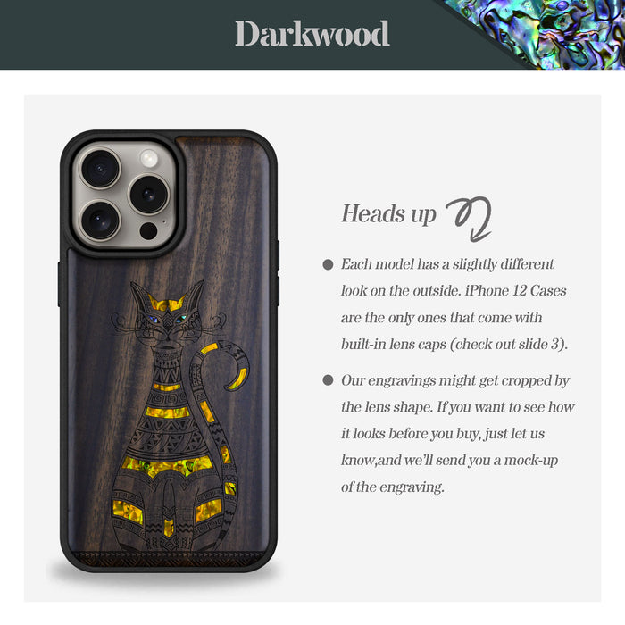 Tribal Cat Art, Hand-Inlaid Wood & Mother of Pearl Case - Artisanal Cover for Apple iPhone