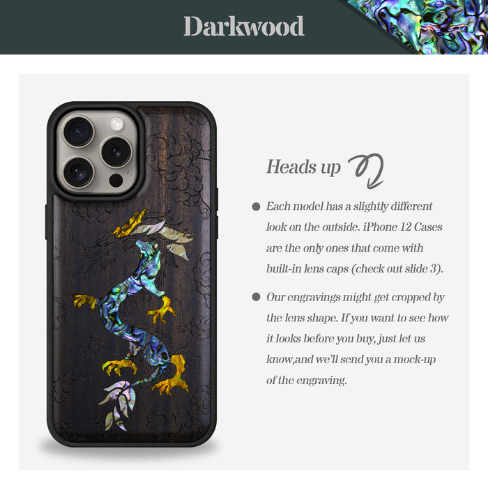 The Dragon's Ascen, Hand-Inlaid Wood & Mother of Pearl Case - Artisanal Cover for Apple iPhone