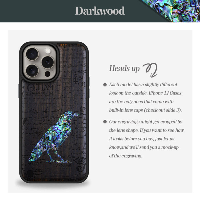 Raven Script, Hand-Inlaid Wood & Mother of Pearl Case - Artisanal Cover for Apple iPhone