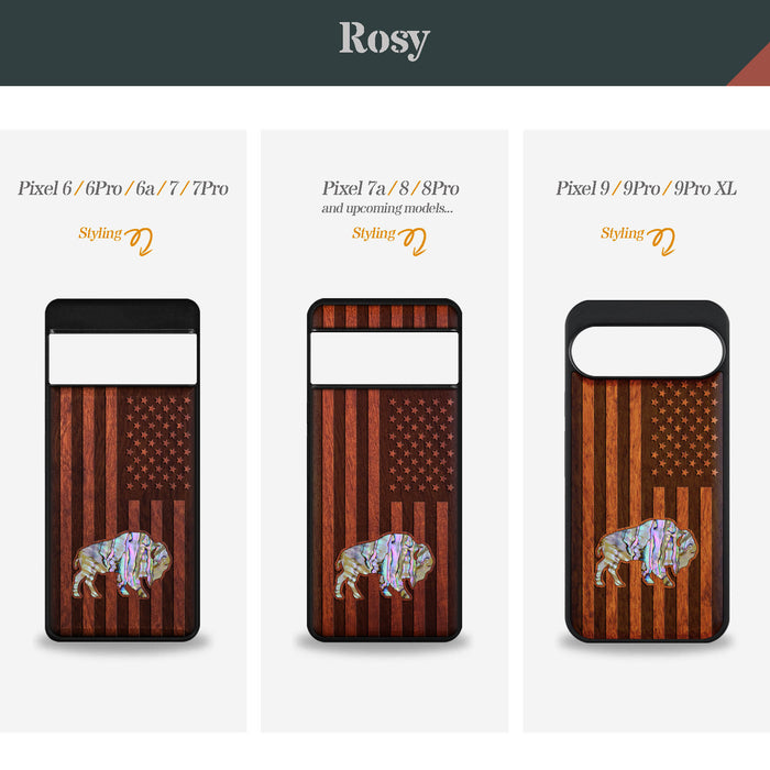 American Flag, Bison, Hand-Inlaid Wood & Mother of Pearl Case - Artisanal Cover for Google Pixel