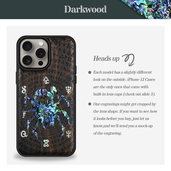 Shadows of the Web, Hand-Inlaid Wood & Mother of Pearl Case - Artisanal Cover for Apple iPhone