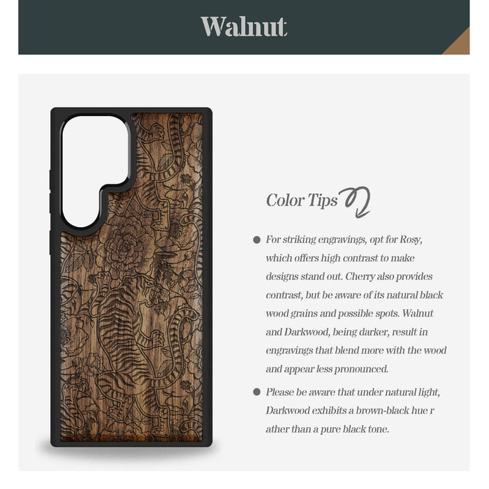 A Tiger Amidst Flowers and Vines, Classic Engraved Wood & TPU Case - Artisanal Cover for Samsung Galaxy