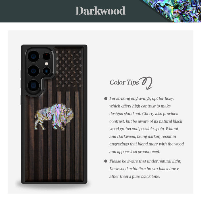 American Flag, Bison, Hand-Inlaid Wood & Mother of Pearl Case - Artisanal Cover for Samsung Galaxy