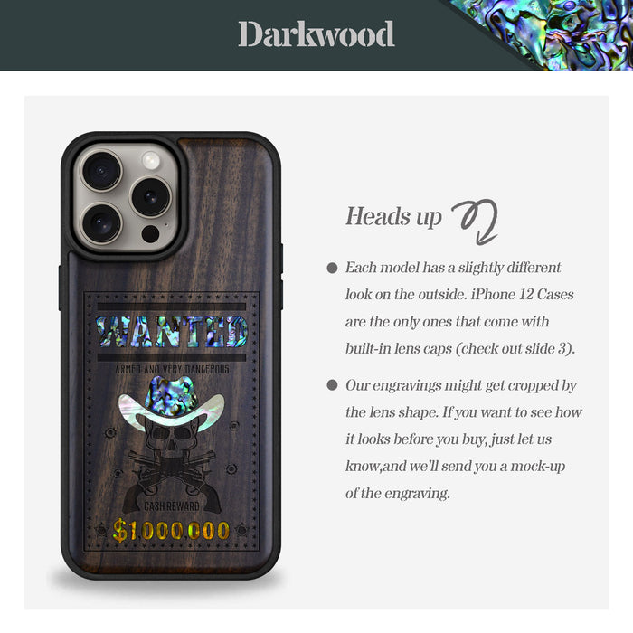 Outlaw Skull Wanted, Hand-Inlaid Wood & Mother of Pearl Case - Artisanal Cover for Apple iPhone