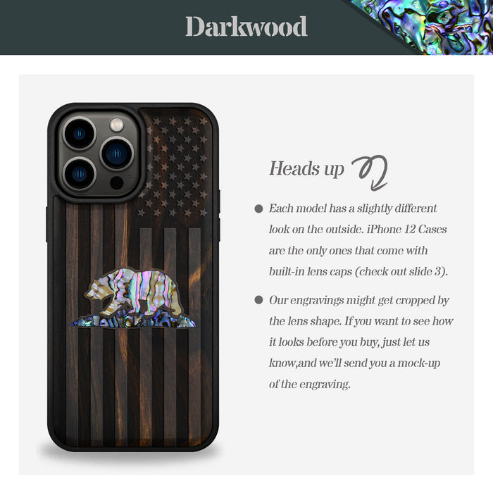 American Flag, Bear, Hand-Inlaid Wood & Mother of Pearl Case - Artisanal Cover for Apple iPhone