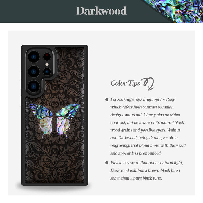 Baroque Butterfly, Hand-Inlaid Wood & Mother of Pearl Case - Artisanal Cover for Samsung Galaxy