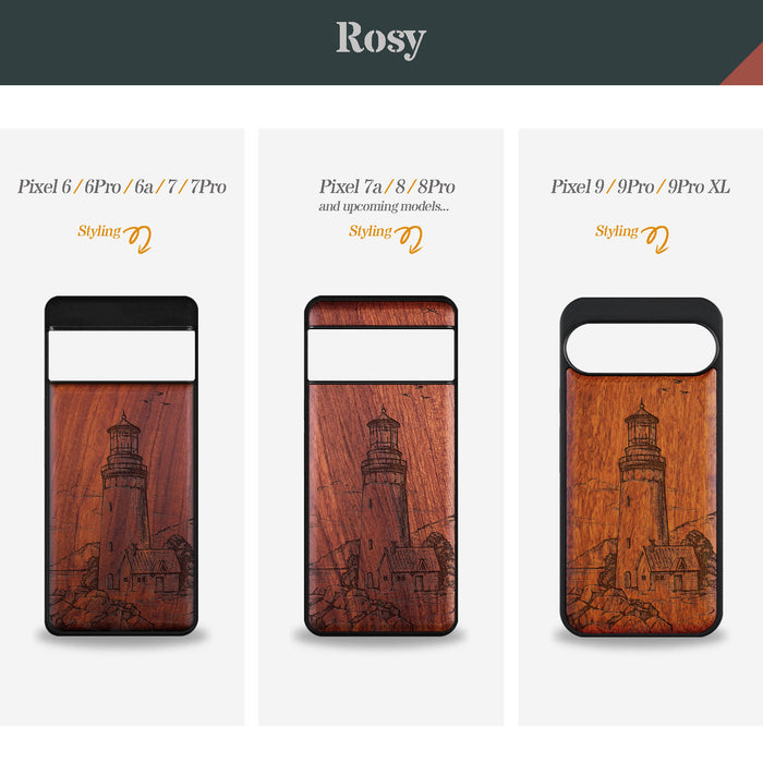 The Lighthouse, Classic Engraved Wood & TPU Case - Artisanal Cover for Google Pixel