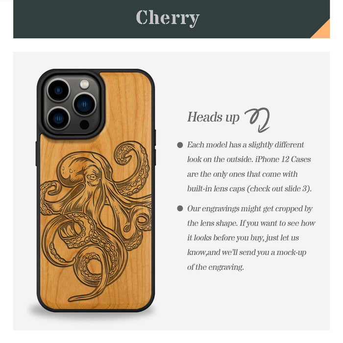 Bodybuilding Octopus Illustration, Classic Engraved Wood & TPU Case - Artisanal Cover for Apple iPhone