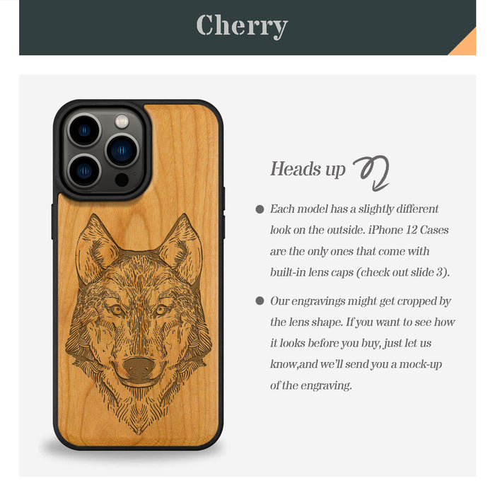 Realistic Wolf Linework Art, Classic Engraved Wood & TPU Case - Artisanal Cover for Apple iPhone