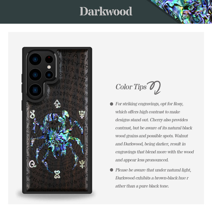 Shadows of the Web, Hand-Inlaid Wood & Mother of Pearl Case - Artisanal Cover for Samsung Galaxy