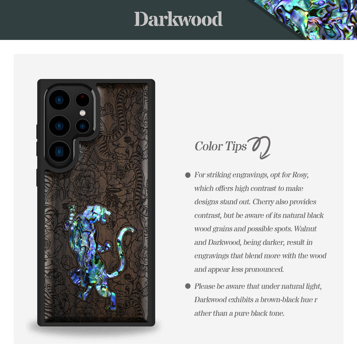 A Tiger Amidst Flowers, Hand-Inlaid Wood & Mother of Pearl Case - Artisanal Cover for Samsung Galaxy