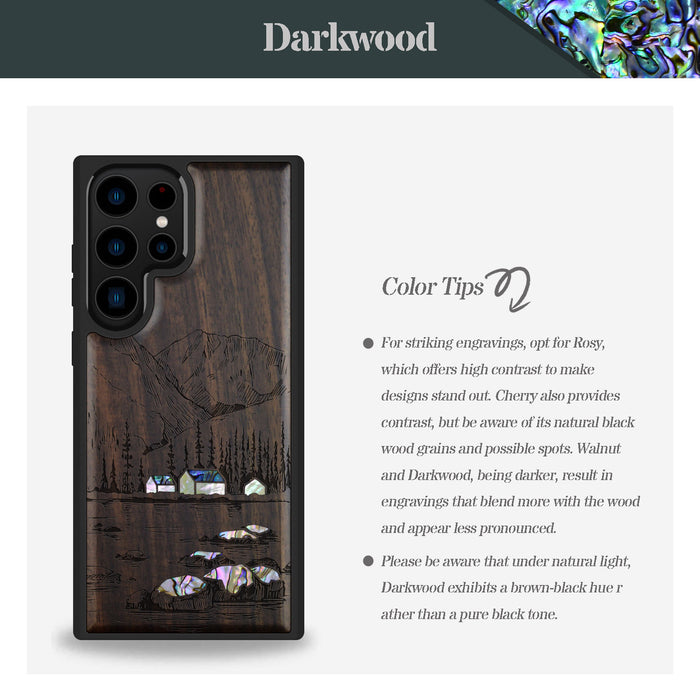 Mountains, Lake, and Village Life, Hand-Inlaid Wood & Mother of Pearl Case - Artisanal Cover for Samsung Galaxy