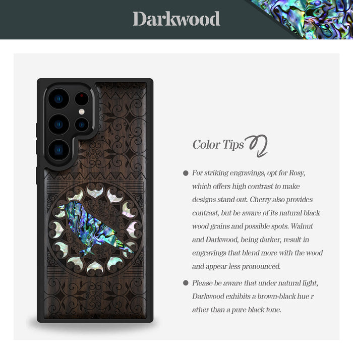 The Zentangle Crow, Hand-Inlaid Wood & Mother of Pearl Case - Artisanal Cover for Samsung Galaxy