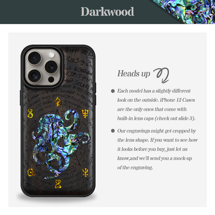 Octopus and Octagonal Star, Hand-Inlaid Wood & Mother of Pearl Case - Artisanal Cover for Apple iPhone