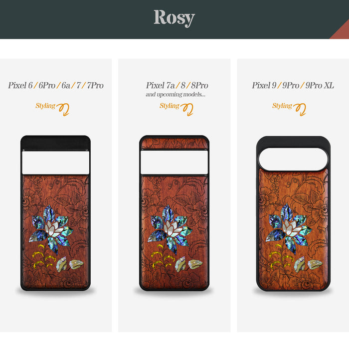 A Seamless Pattern of Flowers and Leaves, Hand-Inlaid Wood & Mother of Pearl Case - Artisanal Cover for Google Pixel