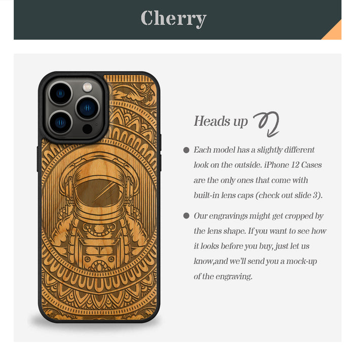 Astronaut in Mandalic Embrace, Classic Engraved Wood & TPU Case - Artisanal Cover for Apple iPhone