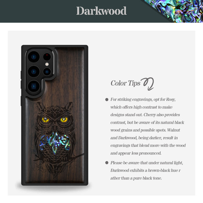 An Owl Perched on a Branch, Hand-Inlaid Wood & Mother of Pearl Case - Artisanal Cover for Samsung Galaxy