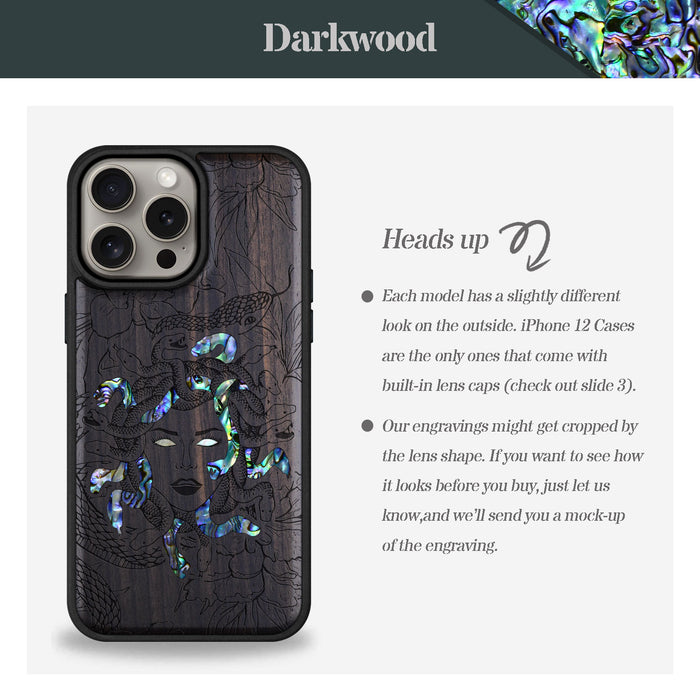 The Medusa Enigma, Hand-Inlaid Wood & Mother of Pearl Case - Artisanal Cover for Apple iPhone