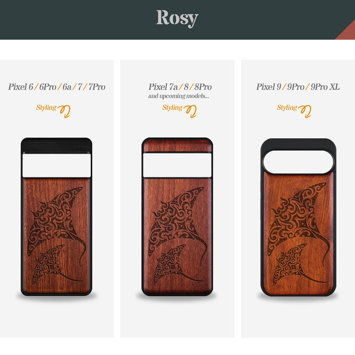 Polynesian Manta Rays, Classic Engraved Wood & TPU Case - Artisanal Cover for Google Pixel