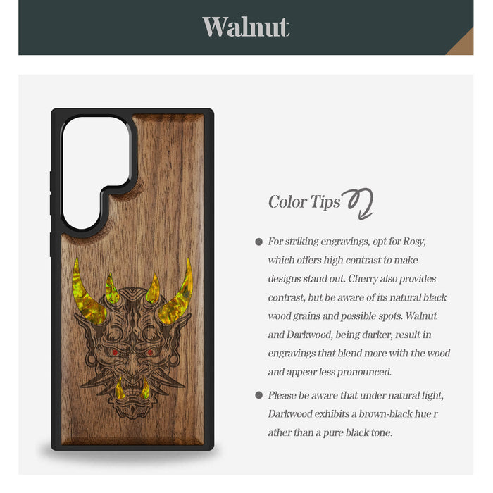The Art of the Japanese Oni Mask, Hand-Inlaid Wood & Mother of Pearl Case - Artisanal Cover for Samsung Galaxy