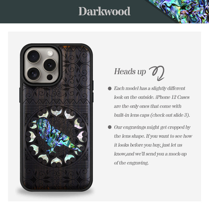 The Zentangle Crow, Hand-Inlaid Wood & Mother of Pearl Case - Artisanal Cover for Apple iPhone