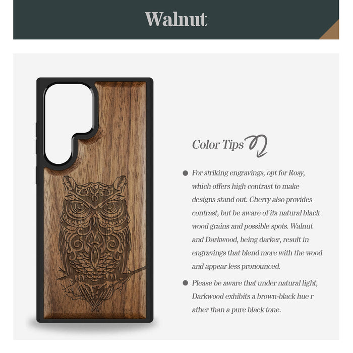 An Owl Perched on a Branch Classic Engraved Wood & TPU Case Samsung Galaxy Artisanal Case View
