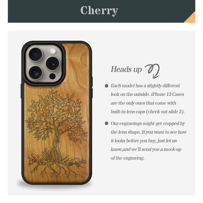 The Fairy Tree Line Art, Classic Engraved Wood & TPU Case - Artisanal Cover for Apple iPhone