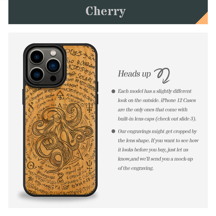Octopus and Octagonal Star, Classic Engraved Wood & TPU Case - Artisanal Cover for Apple iPhone