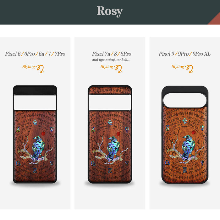 Raven's Arcanum, Hand-Inlaid Wood & Mother of Pearl Case - Artisanal Cover for Google Pixel