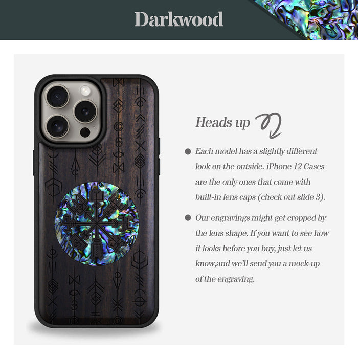 Echoes of Viking Lore, Hand-Inlaid Wood & Mother of Pearl Case - Artisanal Cover for Apple iPhone