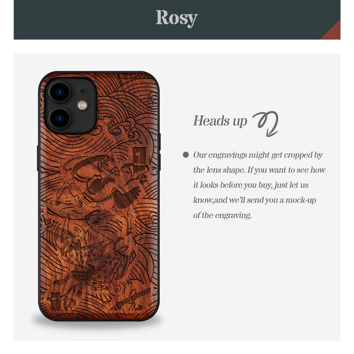 The Dance of Blades and Waves, Classic Engraved Wood & TPU Case - Artisanal Cover for Apple iPhone