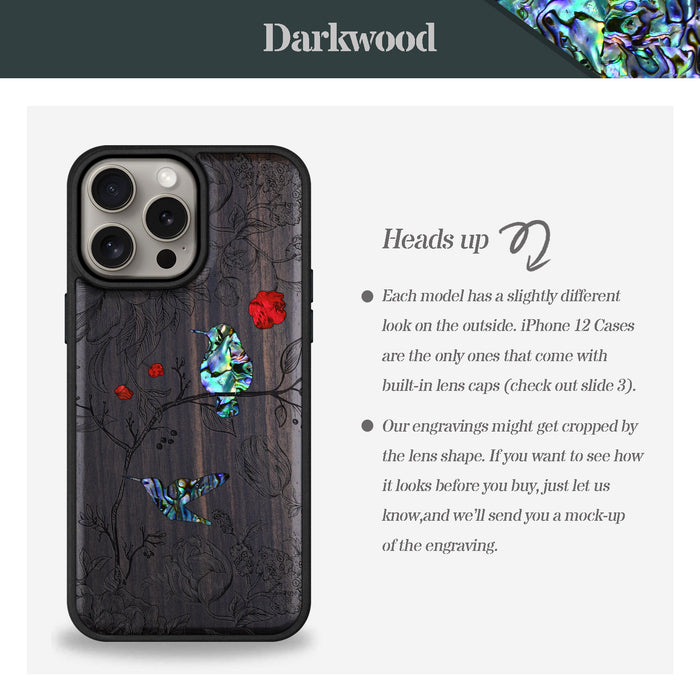 A Dance of Flora and Avian, Hand-Inlaid Wood & Mother of Pearl Case - Artisanal Cover for Apple iPhone