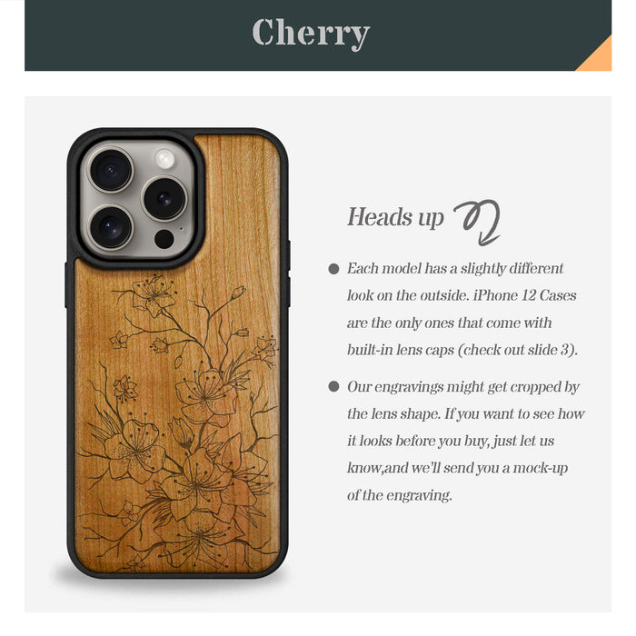 Sakura Sketch, Classic Engraved Wood & TPU Case - Artisanal Cover for Apple iPhone