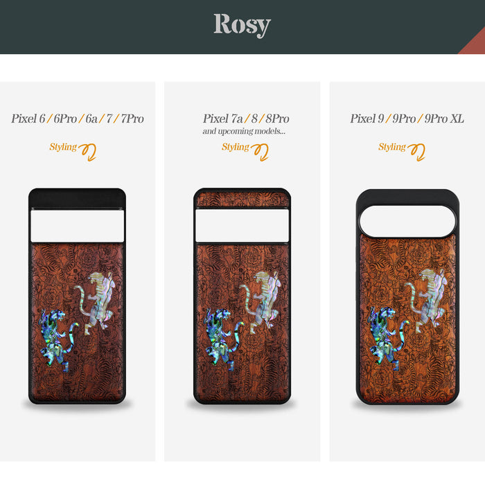 Tiger Amidst Flowers, Hand-Inlaid Wood & Mother of Pearl Case - Artisanal Cover for Google Pixel