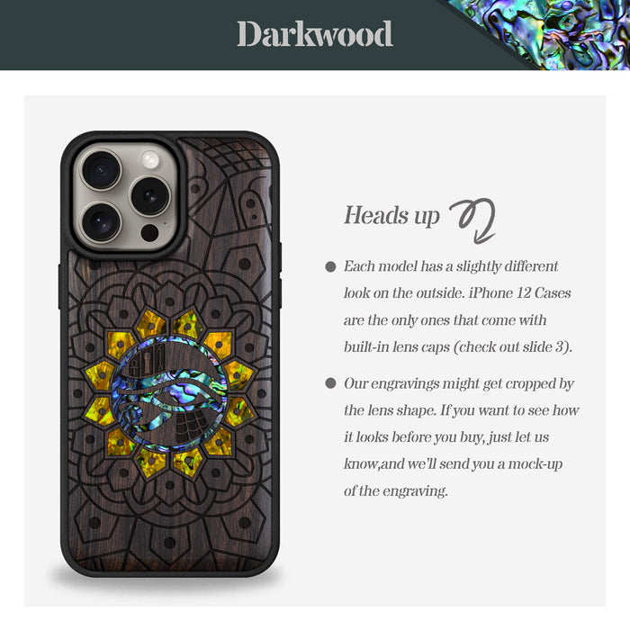 Eternal Horus Mandala, Hand-Inlaid Wood & Mother of Pearl Case - Artisanal Cover for Apple iPhone