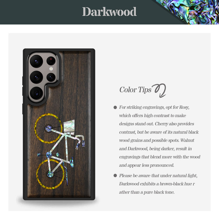 Classic Bicycle Silhouette, Hand-Inlaid Wood & Mother of Pearl Case - Artisanal Cover for Samsung Galaxy