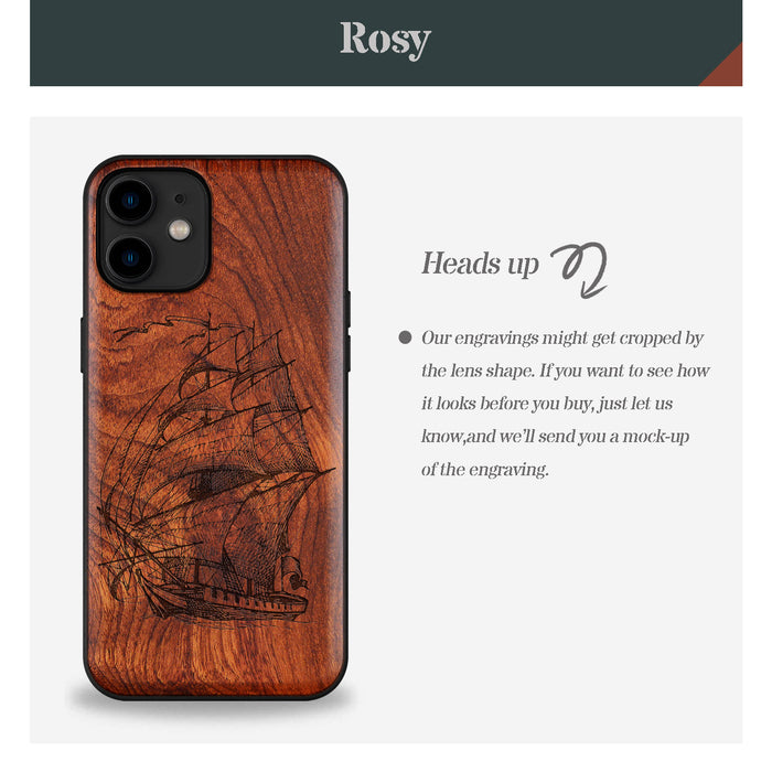 Pirate Ship Line Work, Classic Engraved Wood & TPU Case - Artisanal Cover for Apple iPhone