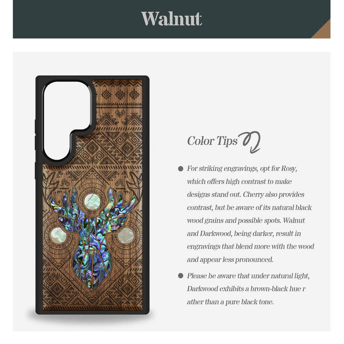 Ancient Geometry Stag, Hand-Inlaid Wood & Mother of Pearl Case - Artisanal Cover for Samsung Galaxy