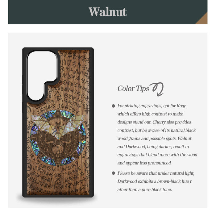 Bat and Skull within the Octagonal Star, Hand-Inlaid Wood & Mother of Pearl Case - Artisanal Cover for Samsung Galaxy