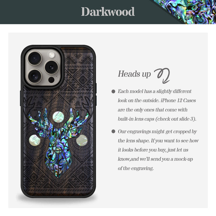 Aztec Geometric Deer, Hand-Inlaid Wood & Mother of Pearl Case - Artisanal Cover for Apple iPhone