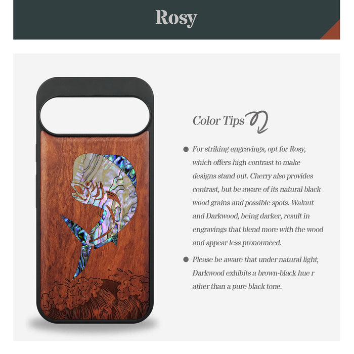 The Majestic Mahi-Mahi, Hand-Inlaid Wood & Mother of Pearl Case - Artisanal Cover for Google Pixel
