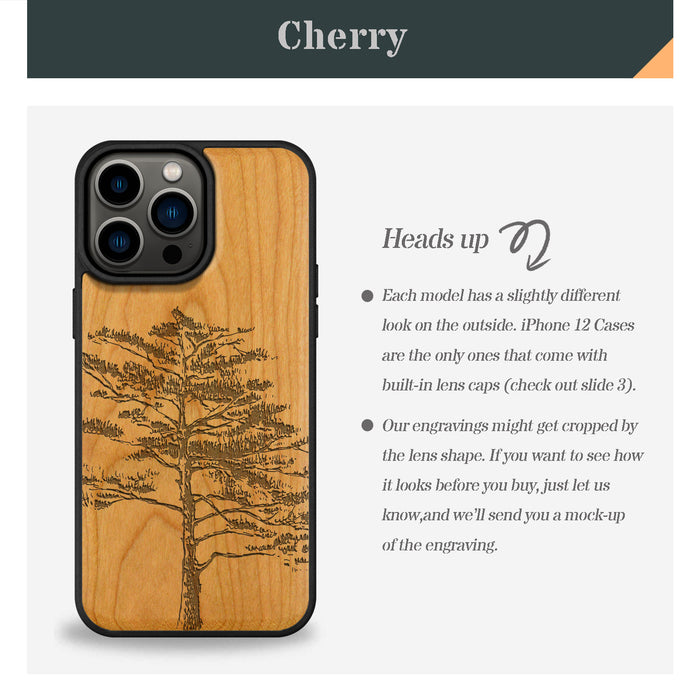 Vintage Pine Tree Sketch, Classic Engraved Wood & TPU Case - Artisanal Cover for Apple iPhone