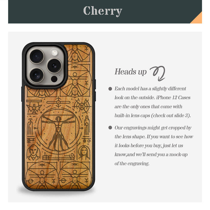 Vitruvian Man, Classic Engraved Wood & TPU Case - Artisanal Cover for Apple iPhone