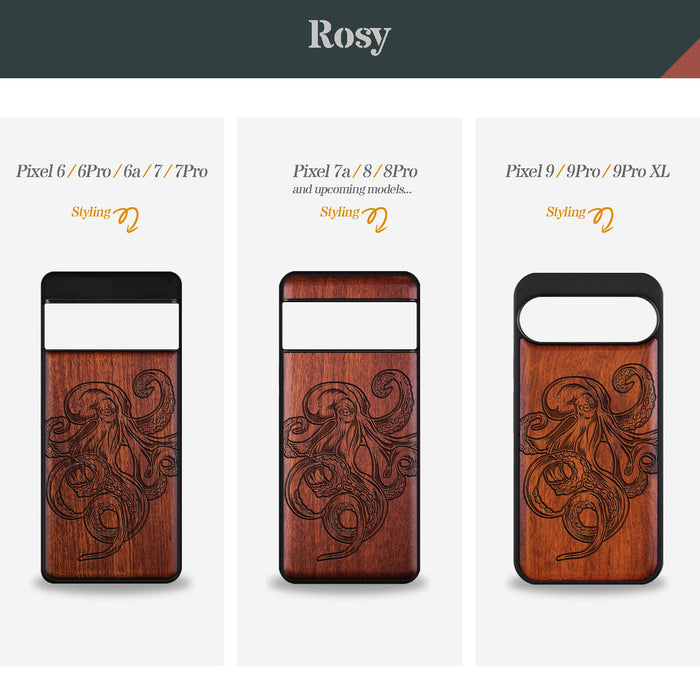 Bodybuilding Octopus Illustration, Classic Engraved Wood & TPU Case - Artisanal Cover for Google Pixel